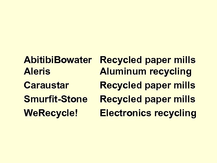 Abitibi. Bowater Aleris Caraustar Smurfit-Stone We. Recycle! Recycled paper mills Aluminum recycling Recycled paper