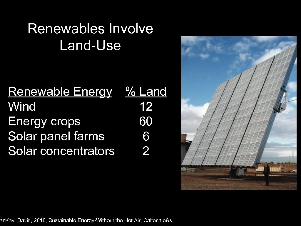Renewables Involve Land-Use Renewable Energy % Land Wind 12 Energy crops 60 Solar panel