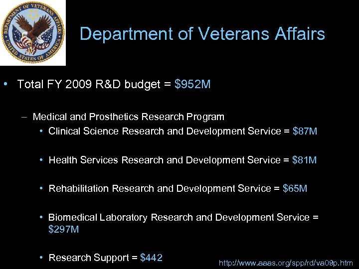 Department of Veterans Affairs • Total FY 2009 R&D budget = $952 M –