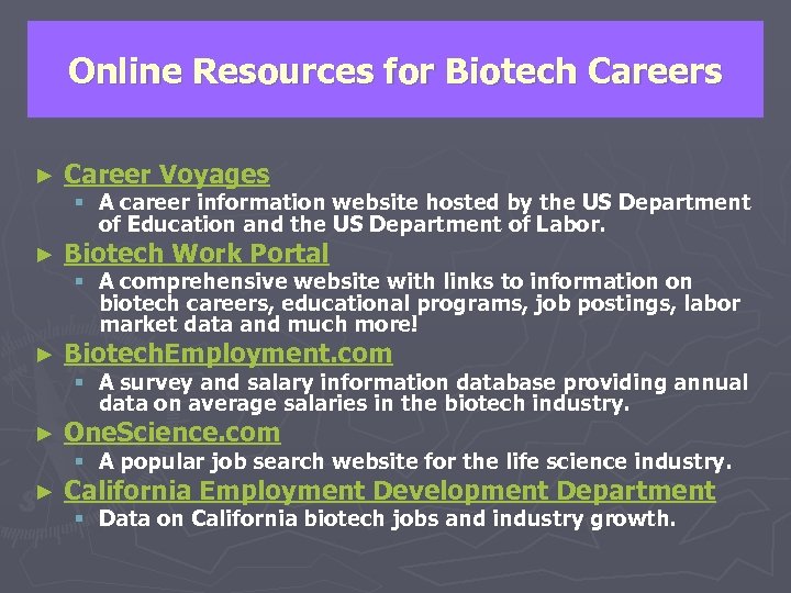 Online Resources for Biotech Careers ► Career Voyages § A career information website hosted