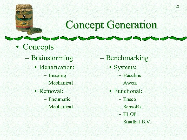 12 Concept Generation • Concepts – Brainstorming • Identification: – Imaging – Mechanical •