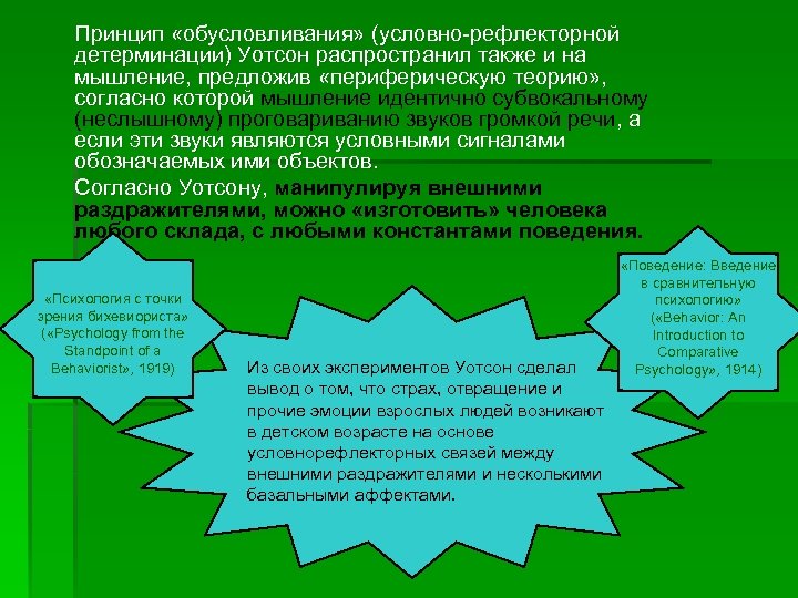 Принцип «обусловливания» (условно-рефлекторной детерминации) Уотсон распространил также и на мышление, предложив «периферическую теорию» ,