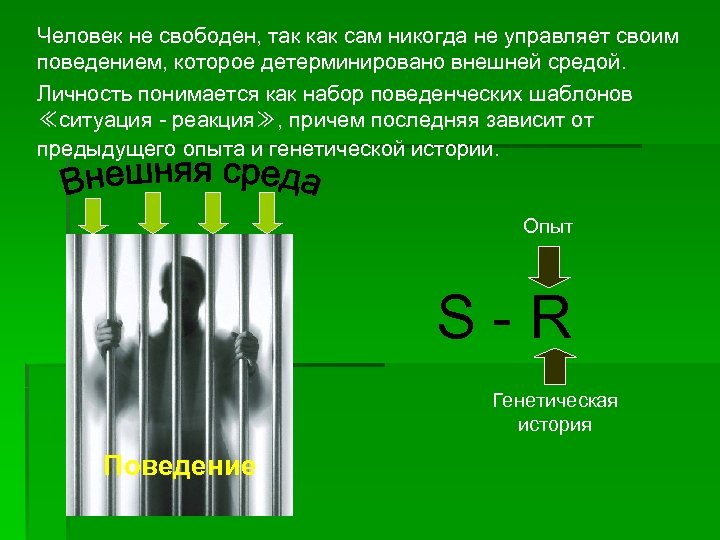 Человек не свободен, так как сам никогда не управляет своим поведением, которое детерминировано внешней