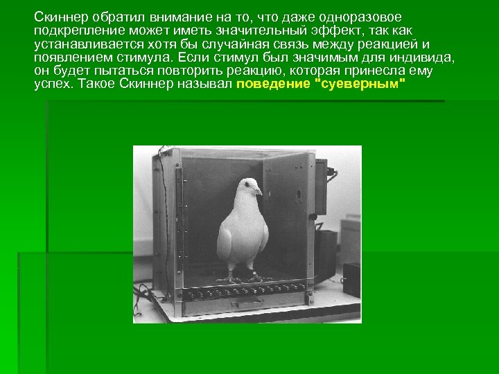 Скиннер обратил внимание на то, что даже одноразовое подкрепление может иметь значительный эффект, так