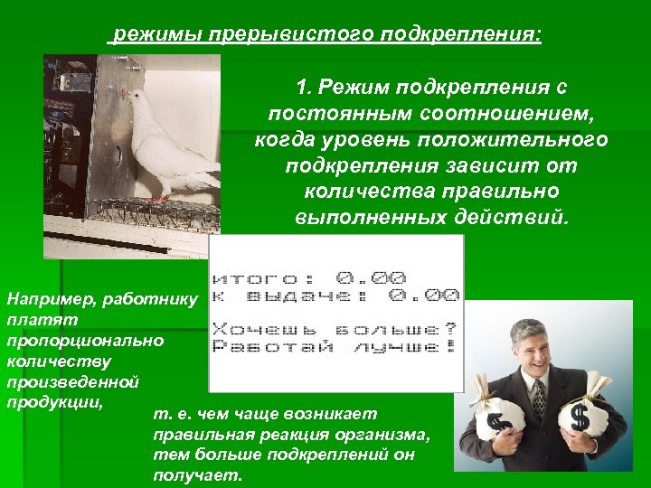 режимы прерывистого подкрепления: 1. Режим подкрепления с постоянным соотношением, когда уровень положительного подкрепления зависит