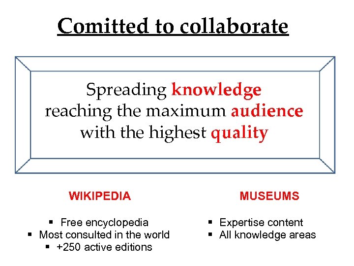 Comitted to collaborate Spreading knowledge reaching the maximum audience with the highest quality WIKIPEDIA