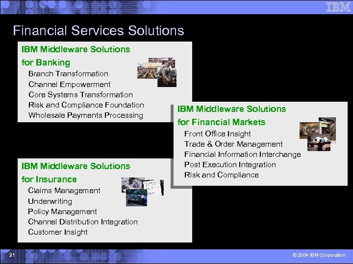 Financial Services Solutions IBM Middleware Solutions for Banking Branch Transformation Channel Empowerment Core Systems