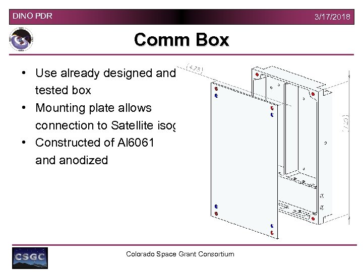 DINO PDR 3/17/2018 Comm Box • Use already designed and tested box • Mounting