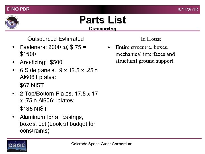 DINO PDR 3/17/2018 Parts List Outsourcing • • • Outsourced Estimated Fasteners: 2000 @