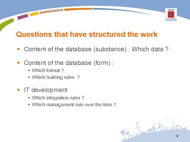 Questions that have structured the work § Content of the database (substance) : Which