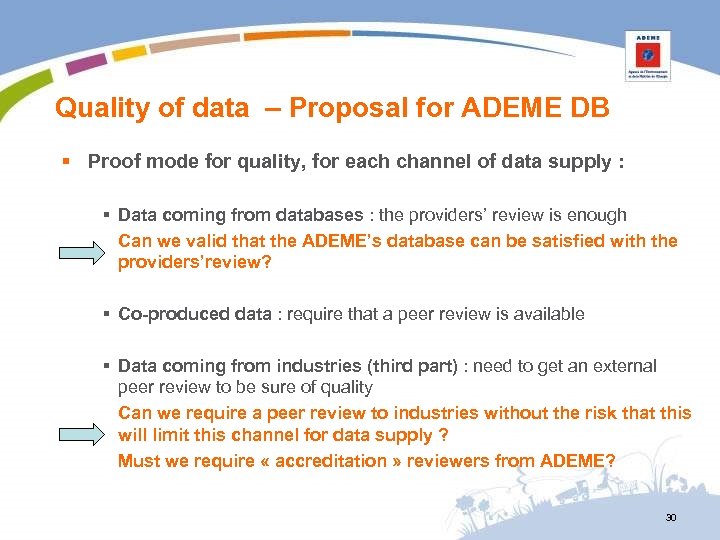 Quality of data – Proposal for ADEME DB § Proof mode for quality, for