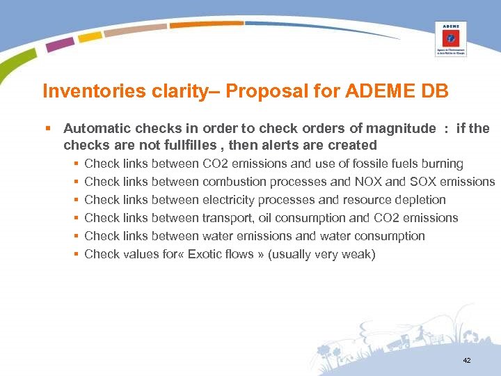 Inventories clarity– Proposal for ADEME DB § Automatic checks in order to check orders