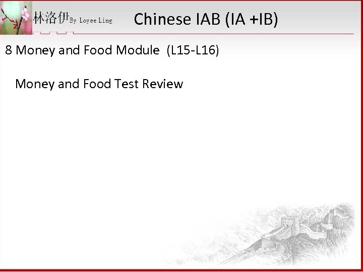 Chinese IAB (IA +IB) 8 Money and Food Module (L 15 -L 16) Money