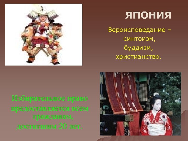 ЯПОНИЯ Вероисповедание – синтоизм, буддизм, христианство. Избирательное право предоставляется всем гражданам, достигшим 20 лет.