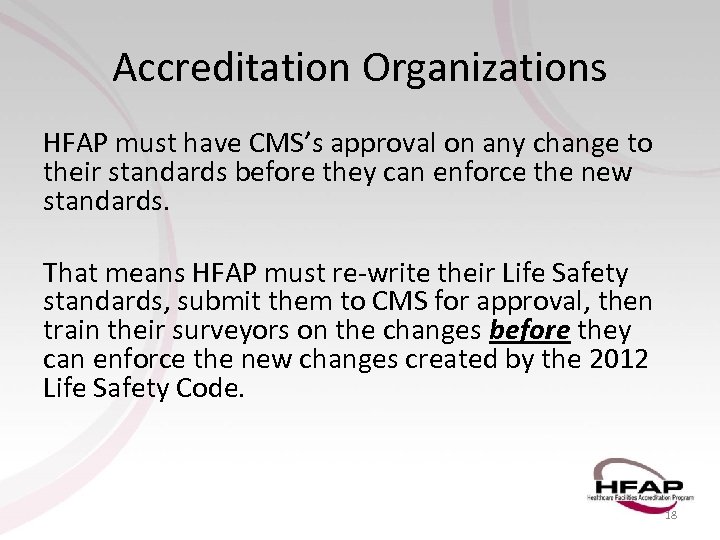 Accreditation Organizations HFAP must have CMS’s approval on any change to their standards before
