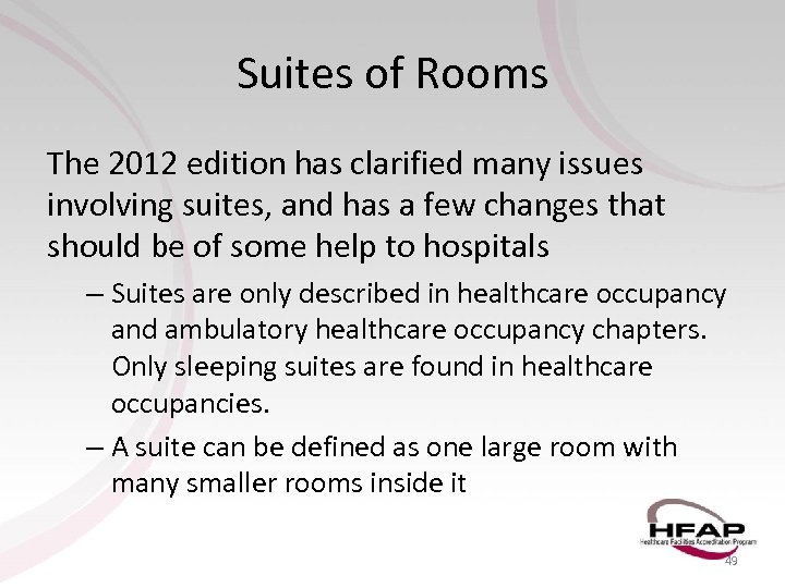 Suites of Rooms The 2012 edition has clarified many issues involving suites, and has