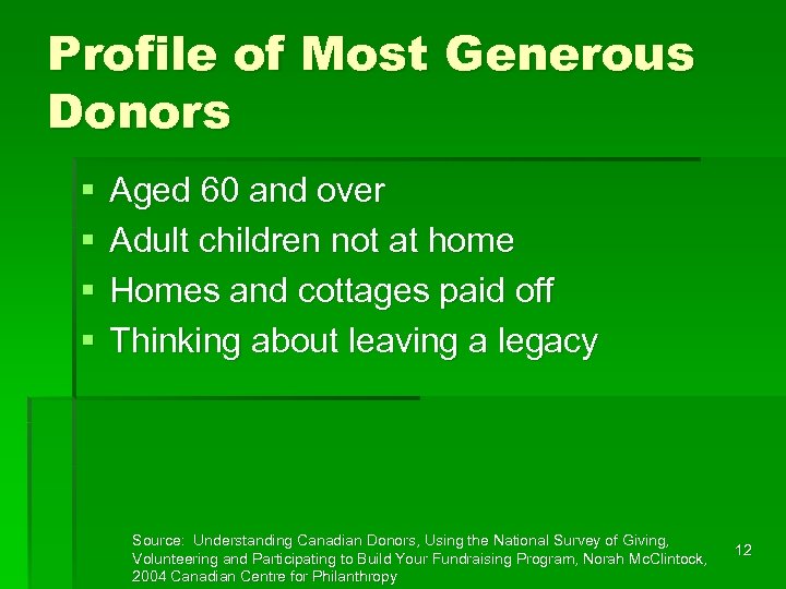 Profile of Most Generous Donors § § Aged 60 and over Adult children not