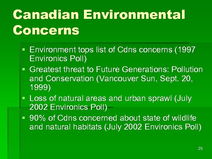 Canadian Environmental Concerns § Environment tops list of Cdns concerns (1997 Environics Poll) §