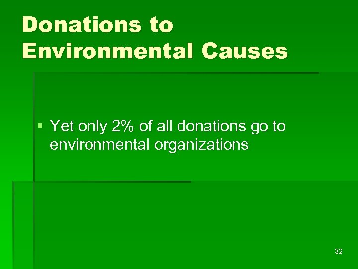 Donations to Environmental Causes § Yet only 2% of all donations go to environmental