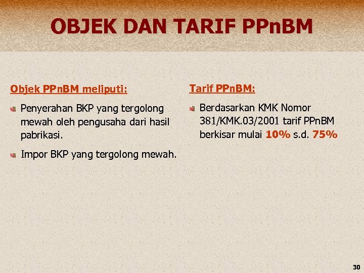 OBJEK DAN TARIF PPn. BM Objek PPn. BM meliputi: Penyerahan BKP yang tergolong mewah
