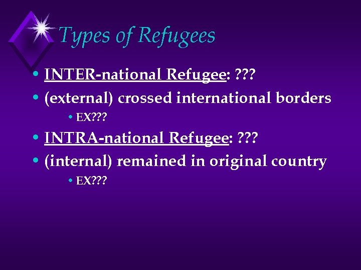 Types of Refugees • INTER-national Refugee: ? ? ? • (external) crossed international borders