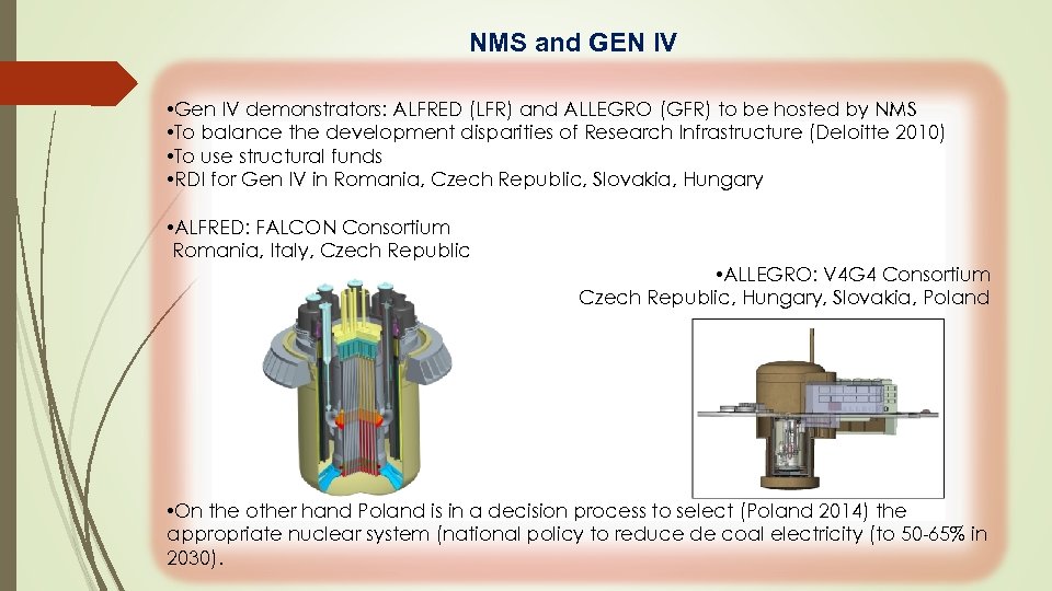 NMS and GEN IV • Gen IV demonstrators: ALFRED (LFR) and ALLEGRO (GFR) to