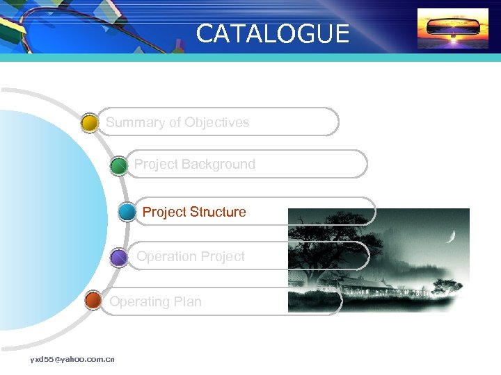 CATALOGUE Summary of Objectives Project Background Project Structure Operation Project Operating Plan yxd 55@yahoo.
