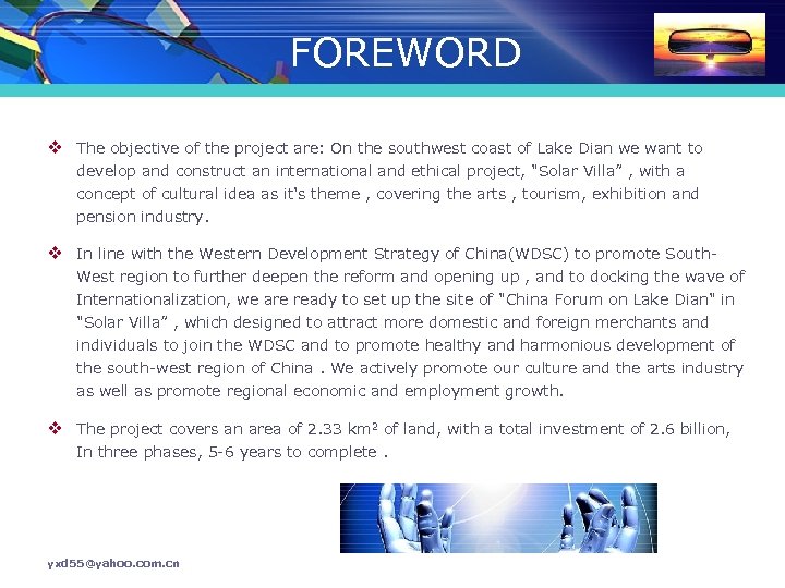 FOREWORD v The objective of the project are: On the southwest coast of Lake