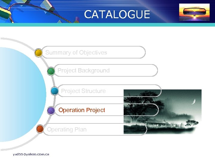 CATALOGUE Summary of Objectives Project Background Project Structure Operation Project Operating Plan yxd 55@yahoo.