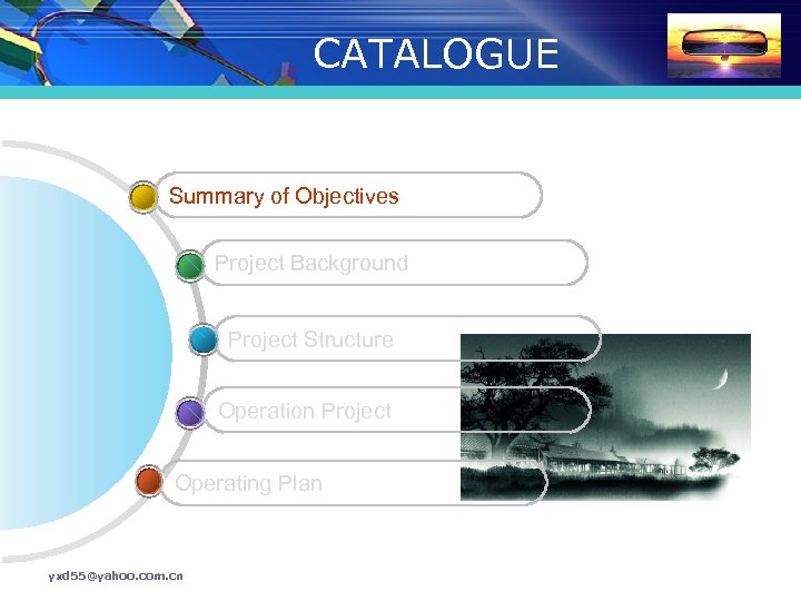 CATALOGUE Summary of Objectives Project Background Project Structure Operation Project Operating Plan yxd 55@yahoo.