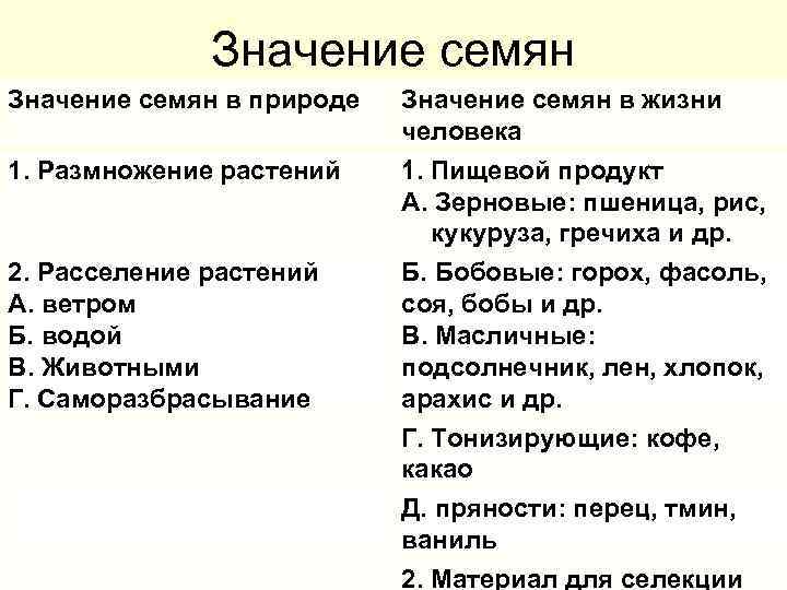 Значение семян в природе 1. Размножение растений Значение семян в жизни человека 1. Пищевой