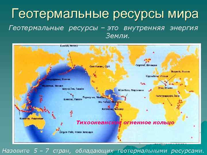 Геотермальные ресурсы мира Геотермальные ресурсы – это внутренняя энергия Земли. Тихоокеанское огненное кольцо Назовите