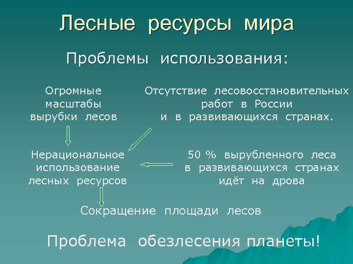 Лесные ресурсы мира Проблемы использования: Огромные масштабы вырубки лесов Нерациональное использование лесных ресурсов Отсутствие