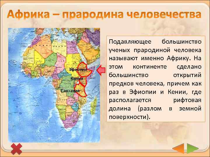 Эфиопия Кения Танзания Подавляющее большинство ученых прародиной человека называют именно Африку. На этом континенте