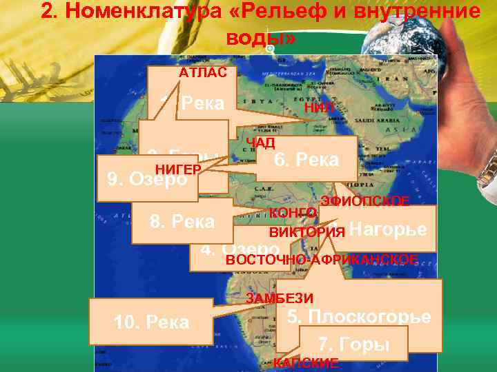 2. Номенклатура «Рельеф и внутренние воды» АТЛАС 1. Река 2. Горы НИГЕР 9. Озеро