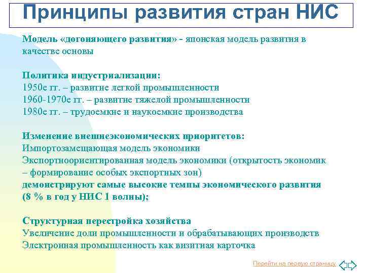 Принципы развития стран НИС Модель «догоняющего развития» - японская модель развития в качестве основы