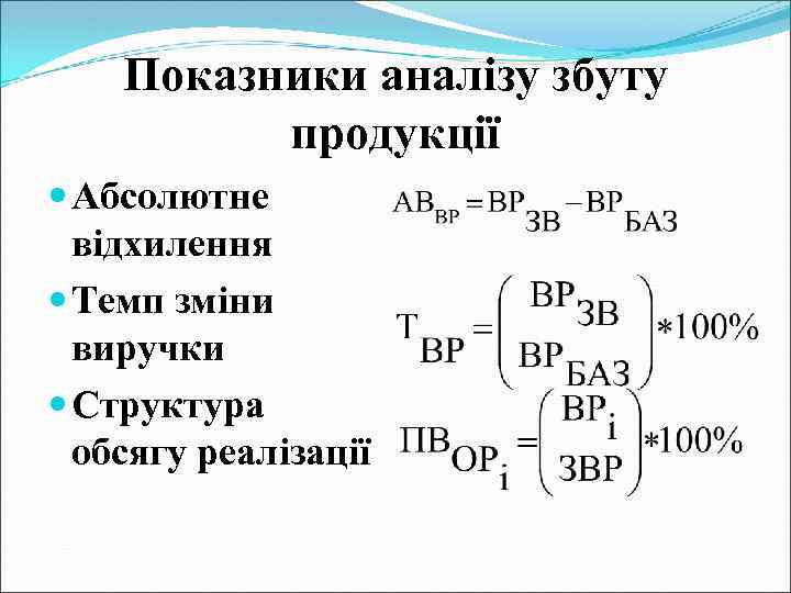 Показники аналізу збуту продукції Абсолютне відхилення Темп зміни виручки Структура обсягу реалізації 