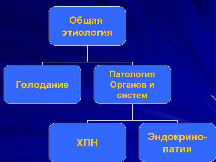 Общая этиология Патология Органов и систем Голодание ХПН Эндокринопатии 