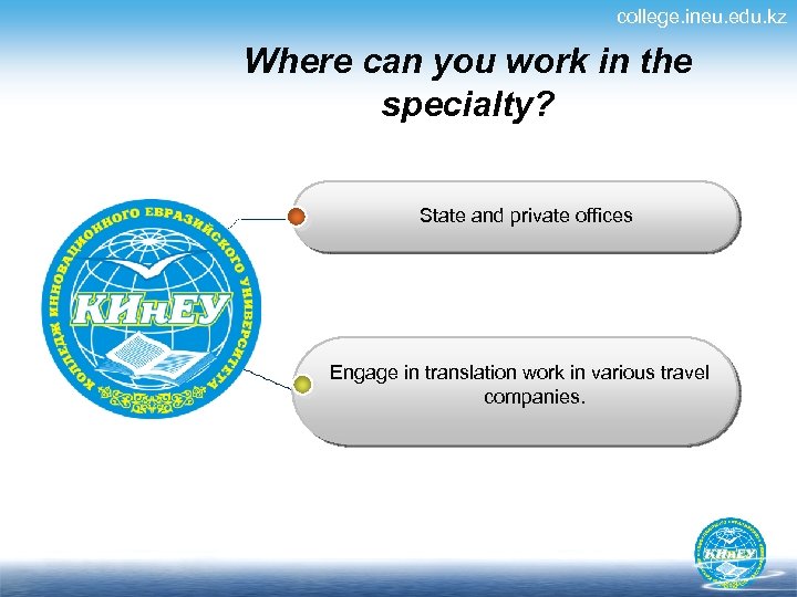 college. ineu. edu. kz Where can you work in the specialty? State and private