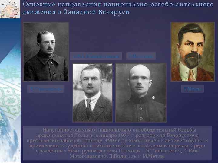 Основные направления национально-освобо-дительного движения в Западной Беларуси С. Рак-Михайловский Б. Тарашкевич П. Волошин П.