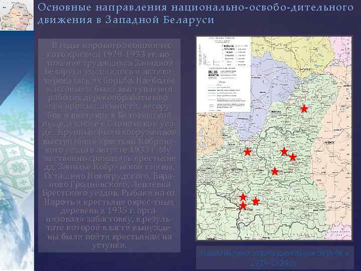 Основные направления национально-освобо-дительного движения в Западной Беларуси В годы мирового экономического кризиса 1929 -1933