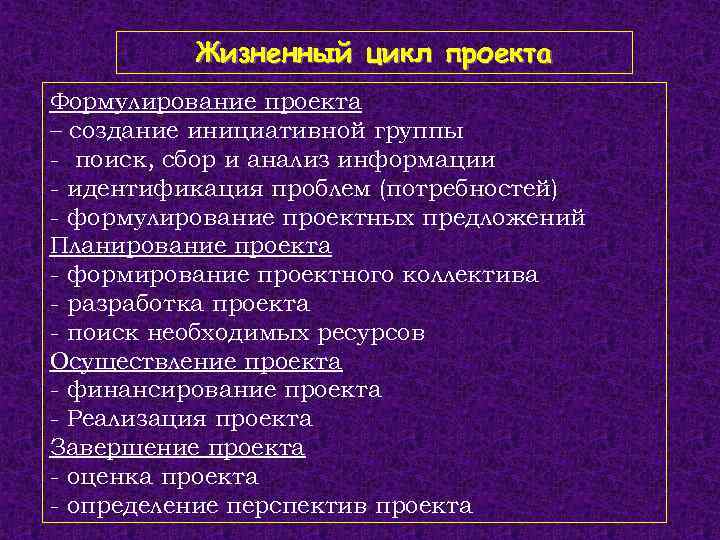 Жизненный цикл проекта Формулирование проекта – создание инициативной группы - поиск, сбор и анализ