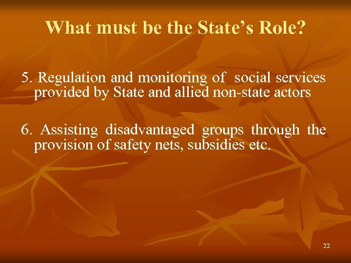 What must be the State’s Role? 5. Regulation and monitoring of social services provided