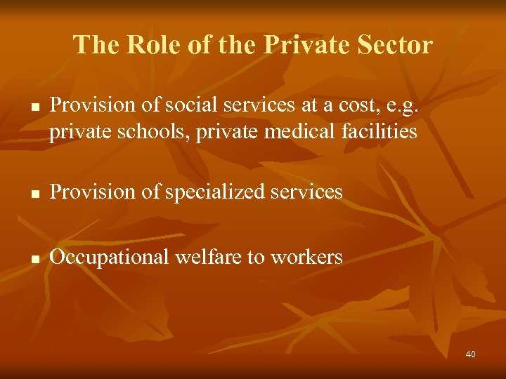 The Role of the Private Sector n Provision of social services at a cost,