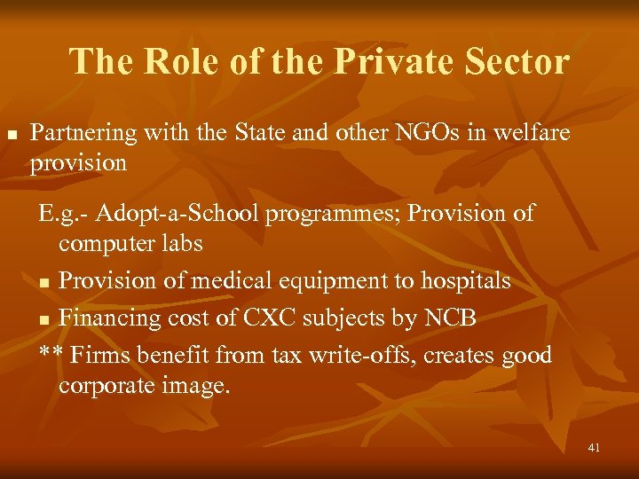 The Role of the Private Sector n Partnering with the State and other NGOs