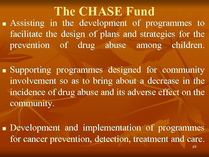 The CHASE Fund n n n Assisting in the development of programmes to facilitate