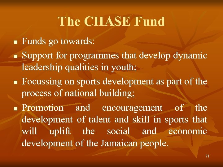 The CHASE Fund n n Funds go towards: Support for programmes that develop dynamic