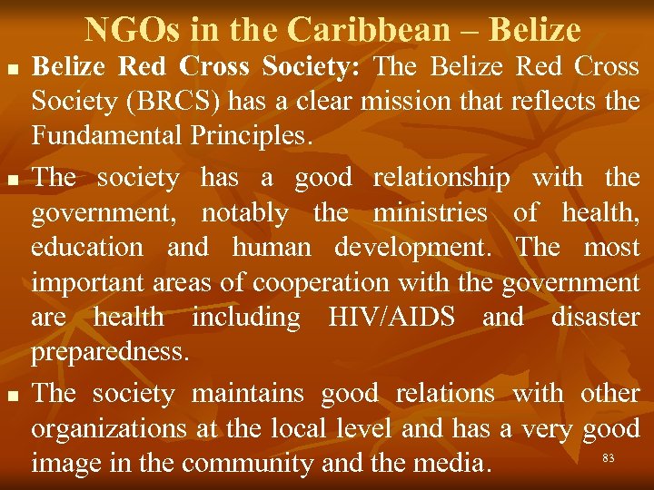 NGOs in the Caribbean – Belize n n n Belize Red Cross Society: The