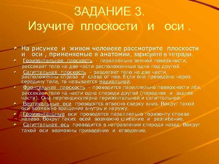 ЗАДАНИЕ 3. Изучите плоскости и оси. На рисунке и живом человеке рассмотрите плоскости и