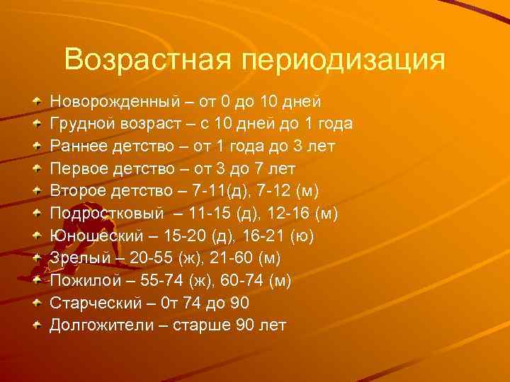 Возрастная периодизация Новорожденный – от 0 до 10 дней Грудной возраст – с 10